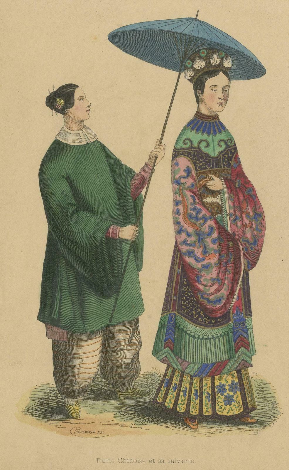 Antique Costume Print Of A Chinese Lady And Her Maid By Wahlen, ‘1843’ photo for sale