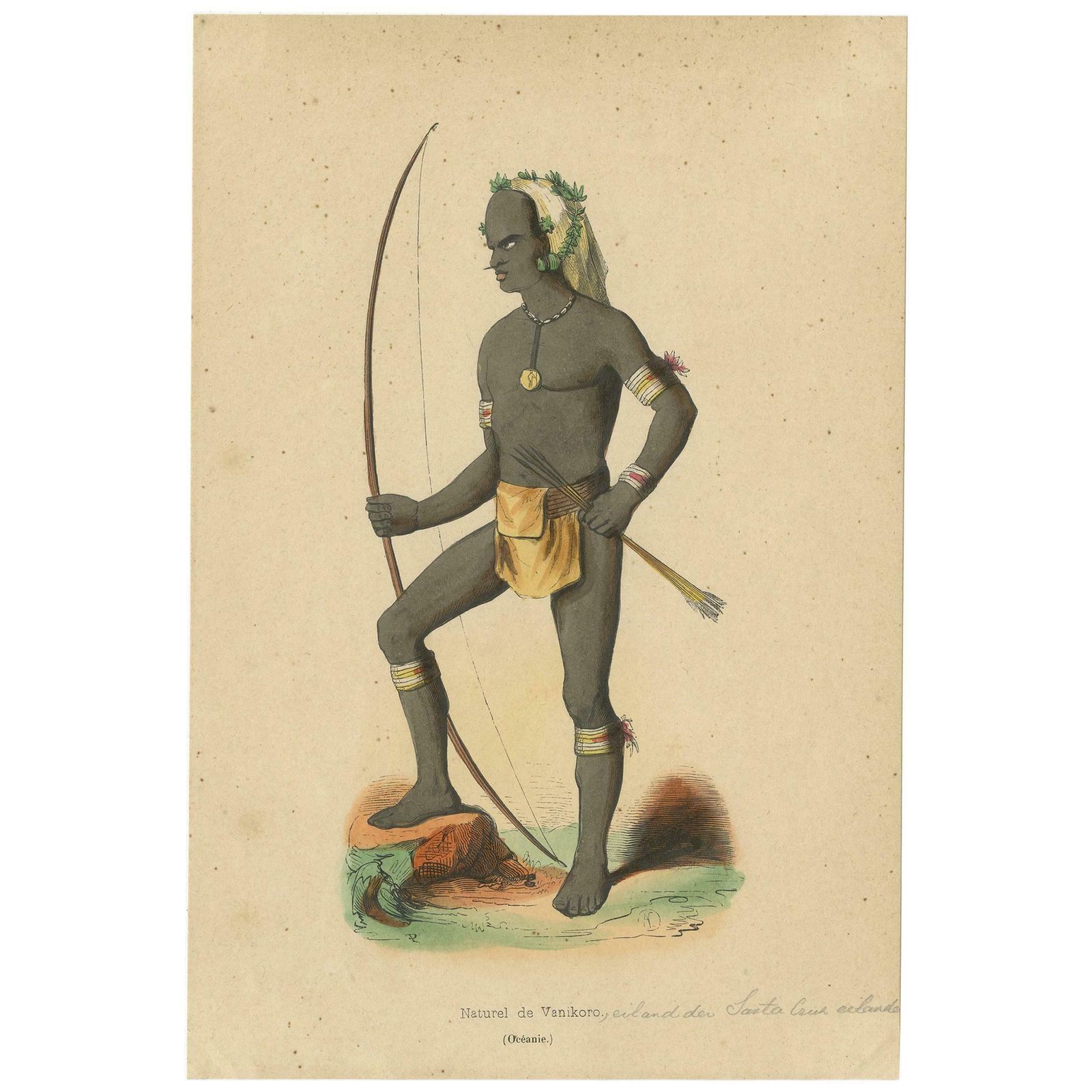 Antique Costume Print Of A Warrior Of Vanikoro Island By Wahlen, 1843