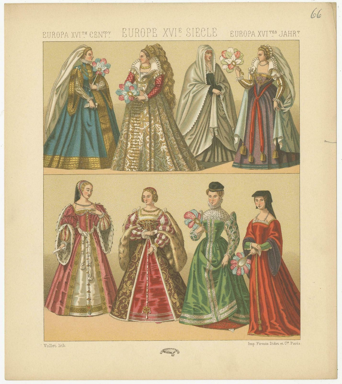 Pl. 66a Antique Print Of European 16th Century Costumes By Racinet, Circa 1880 photo furniture