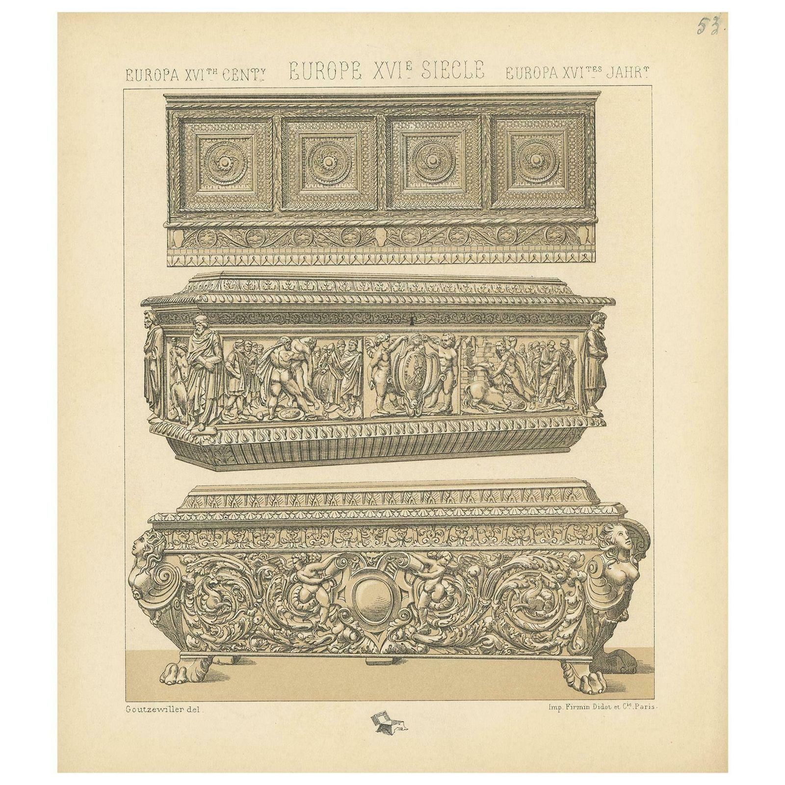 Pl. 53 Antique Print Of European 16th Century Furniture By Racinet, Circa 1880
