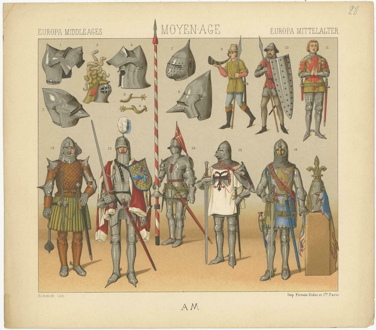 Pl. 28 Antique Print Of European Middle Ages Armament By Racinet 'Circa 1880' photo Art
