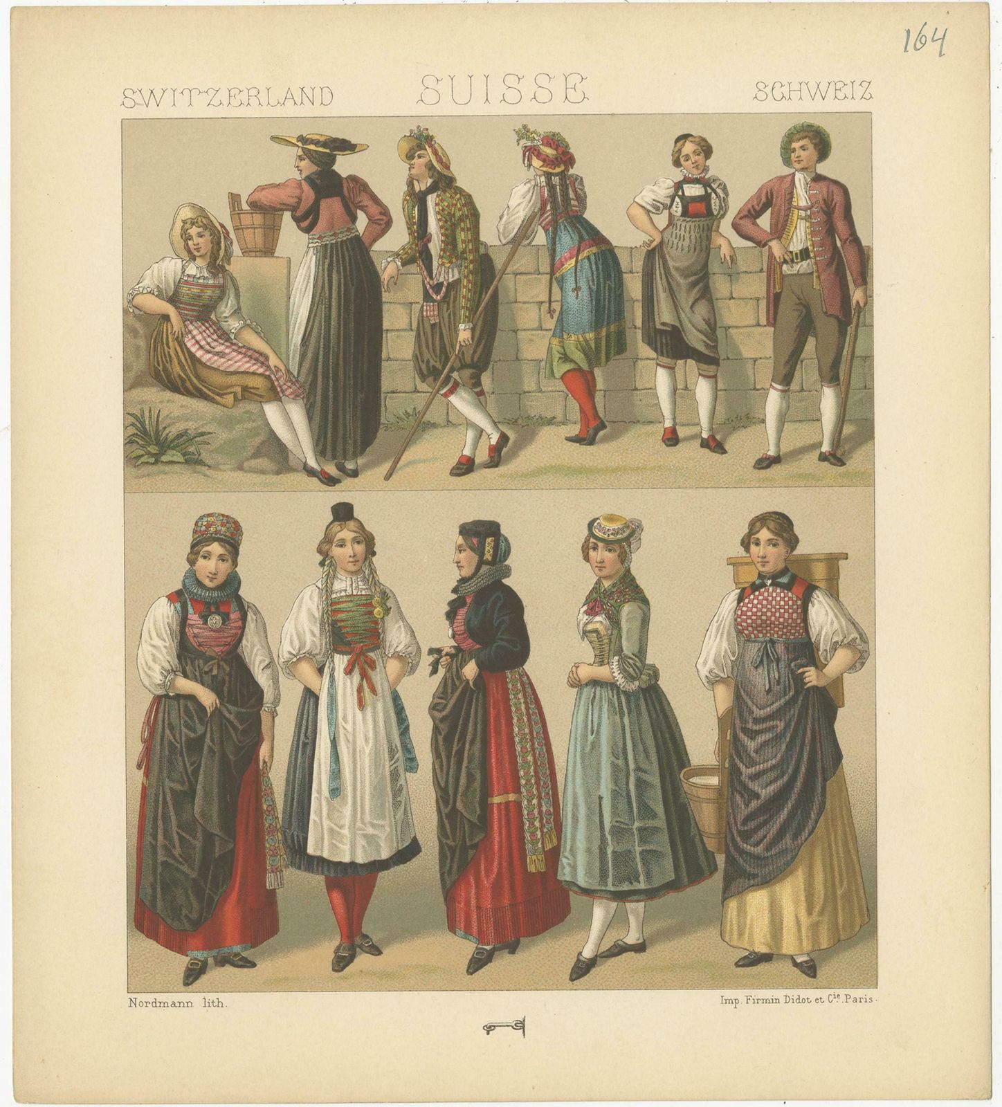 Pl. 164 Antique Print Of Swiss Women's Outfits By Racinet, 'Circa 1880' photo Art