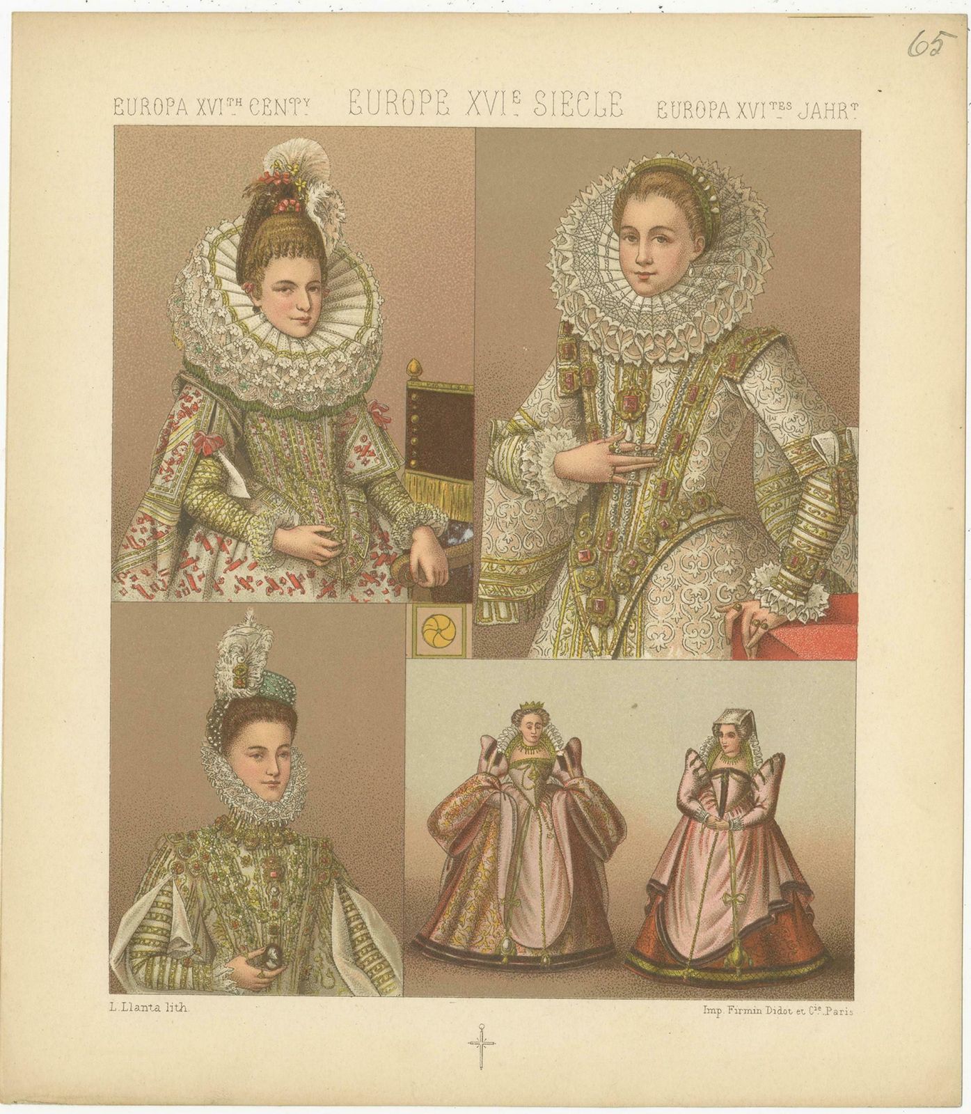 Pl. 65 Antique Print Of European Xvith Century Costumes By Racinet 'Circa 1880' photo for sale