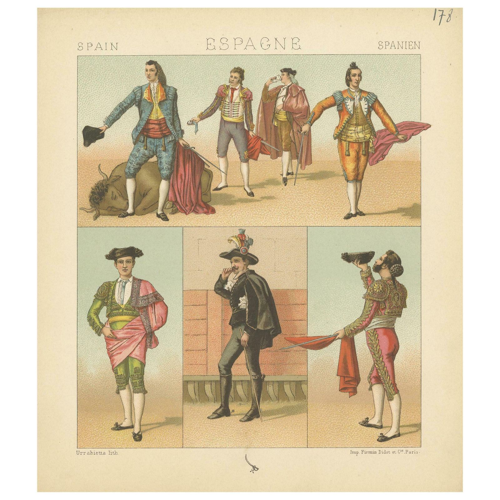 Pl. 178 Antique Print Of Spanish Bullfighting Costumes By Racinet, 'Circa 1880'