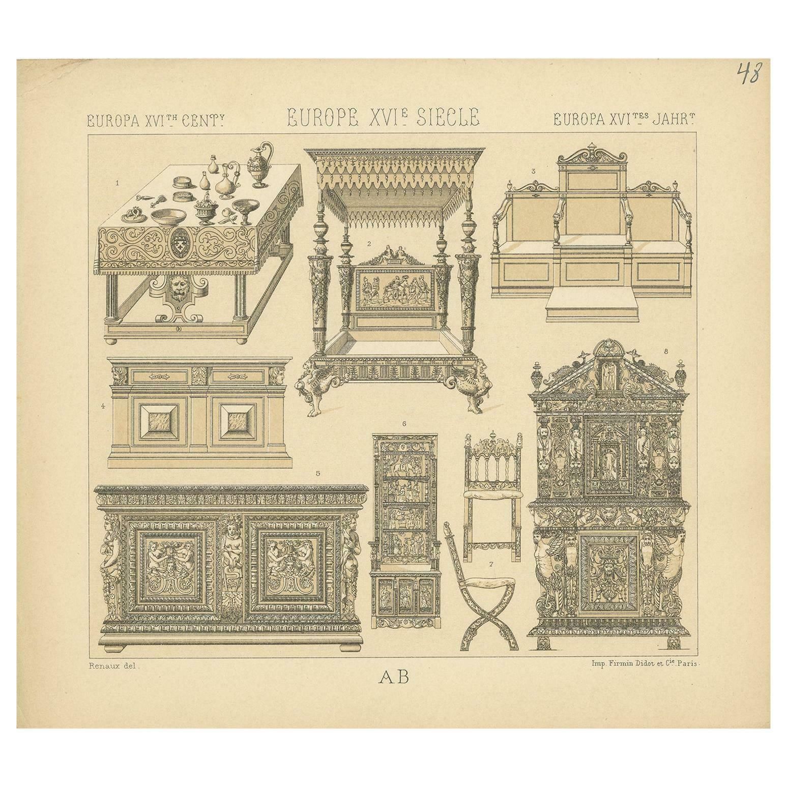Pl. 48 Antique Print Of European Xvith Century Furniture By Racinet, Circa 1880