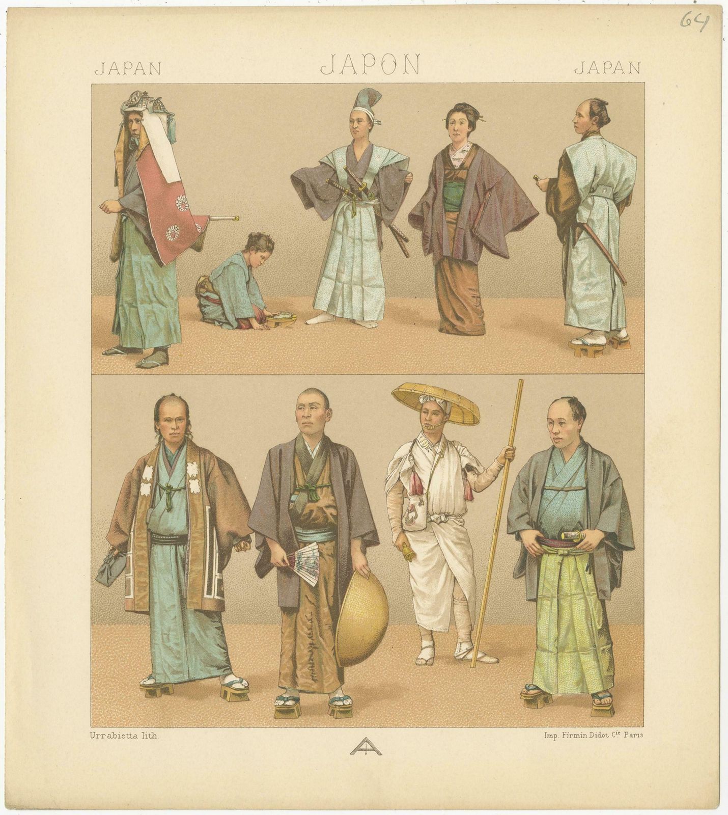 Pl. 64 Antique Print Of Japanese Costumes By Racinet, 'Circa 1880' photo furniture