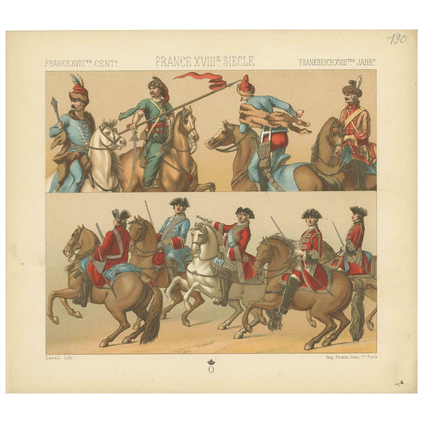 Pl. 130 Antique Print Of French 18th Century Military Outfits By Racinet
