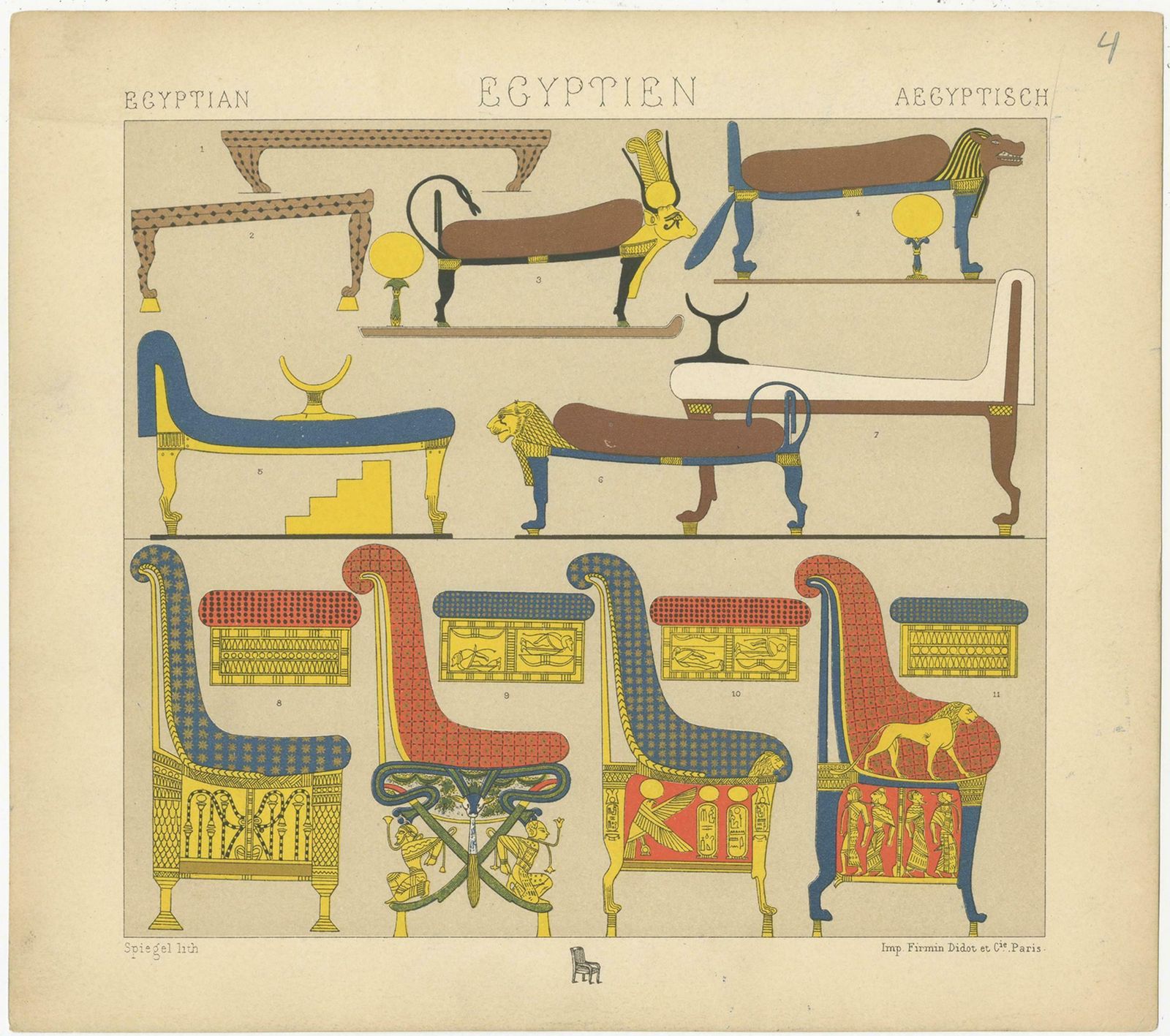 Pl. 4 Antique Print Of Egyptian Furniture By Racinet, 'Circa 1880' photo for sale