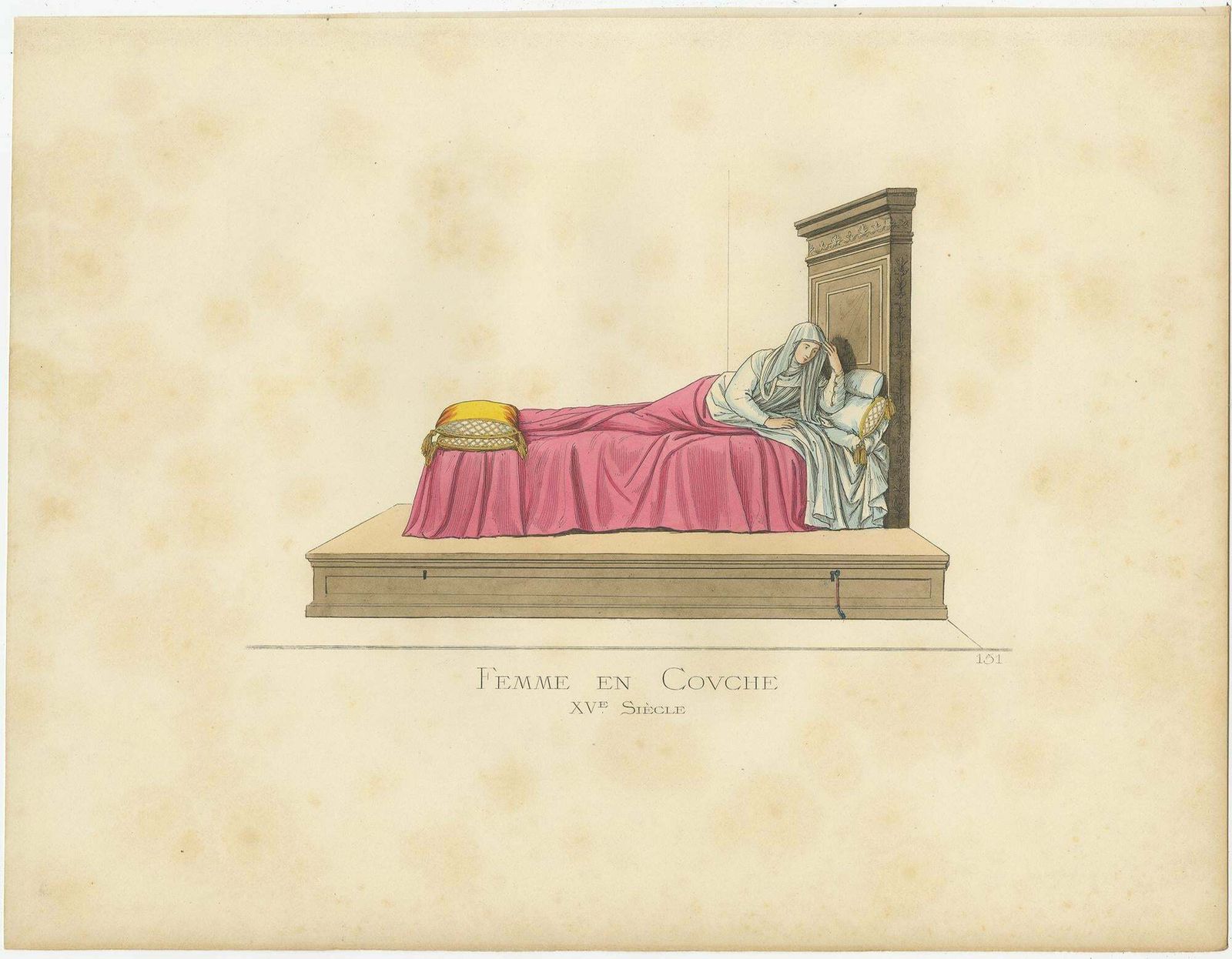Antique Print Of A Woman In Bed, Italy 15th Century, By Bonnard, 1860 photo for sale