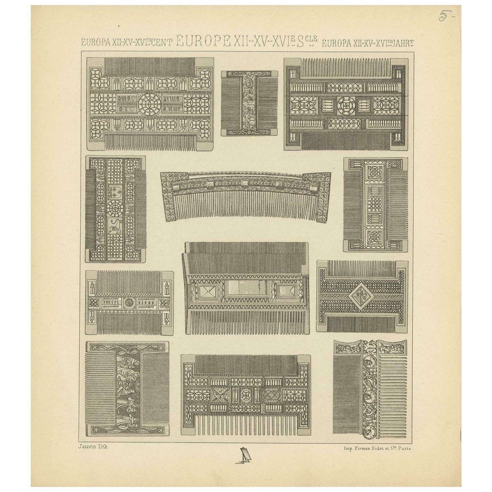 Pl 5 Antique Print Of European Comb Objects By Racinet, 'Circa 1880'