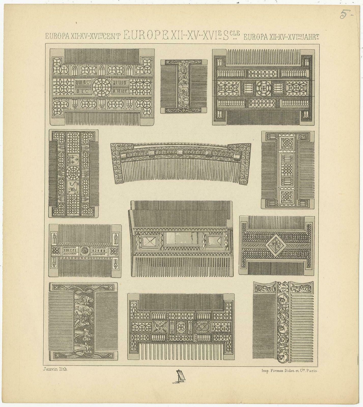 Pl 5 Antique Print Of European Comb Objects By Racinet, 'Circa 1880' photo Art
