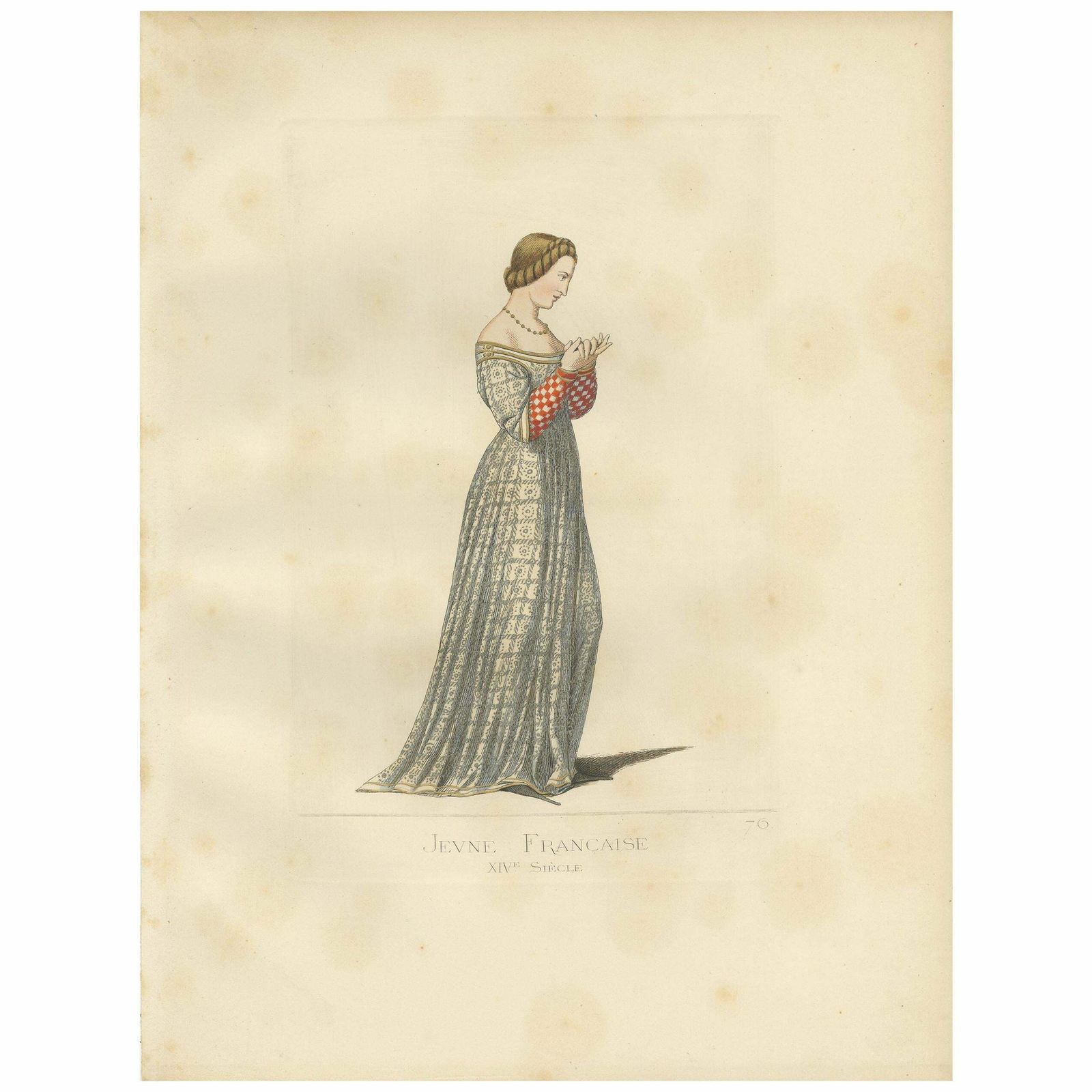 Antique Print Of A Young French Woman, 14th Century, By Bonnard, 1860