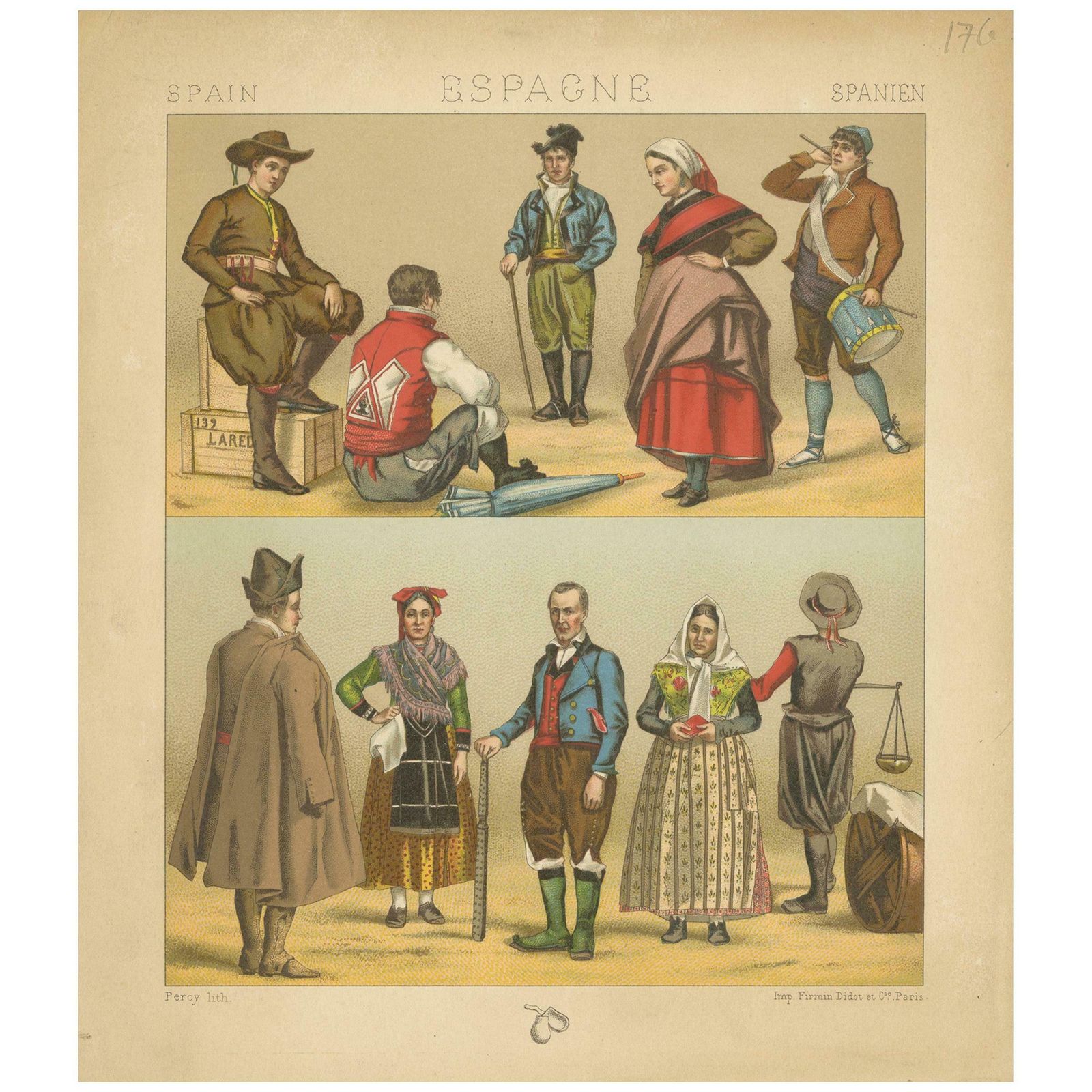 Pl. 72 Antique Print Of French Xvith Century Costumes By Racinet, Circa 1880
