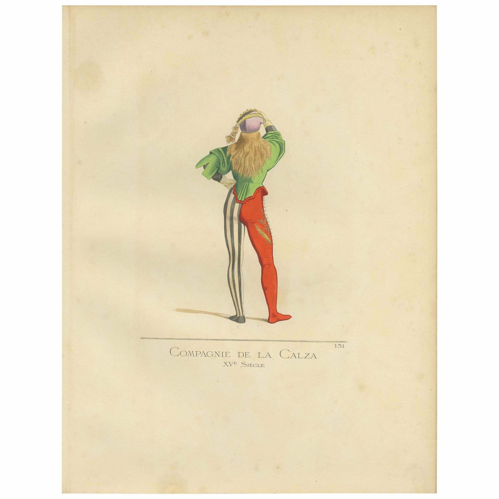 Antique Print Of A Member Of The Calza Society, 15th Century, By Bonnard, 1860