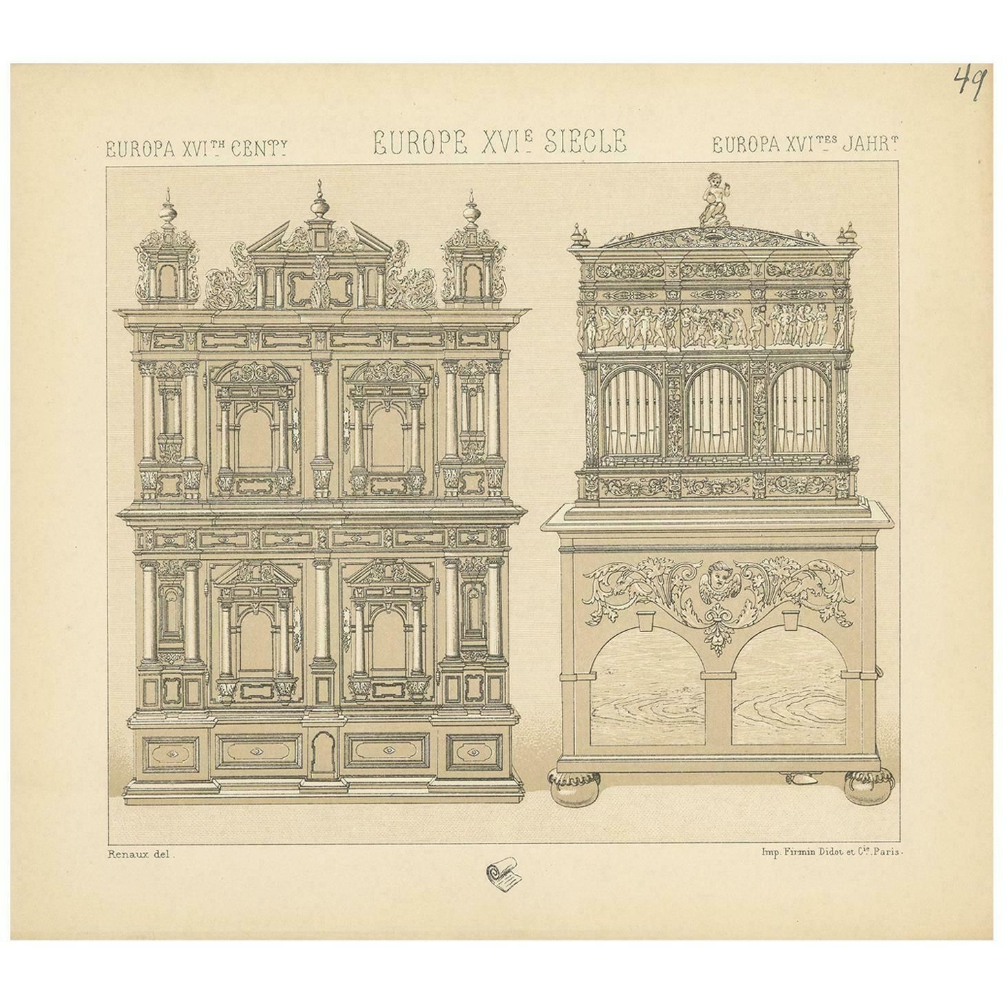 Pl. 49 Antique Print Of European Xvith Century Furniture By Racinet, Circa 1880