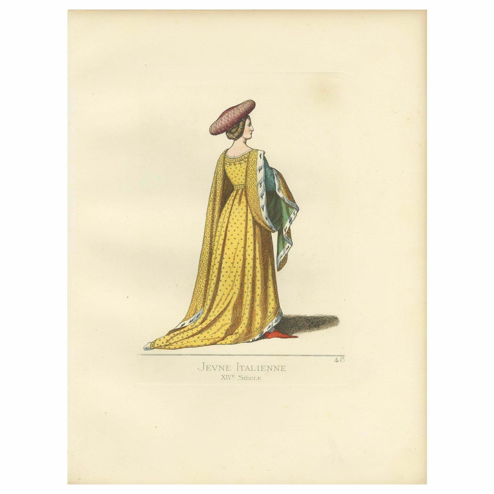 Antique Print Of A Young Italian Woman, 14th Century, By Bonnard, 1860