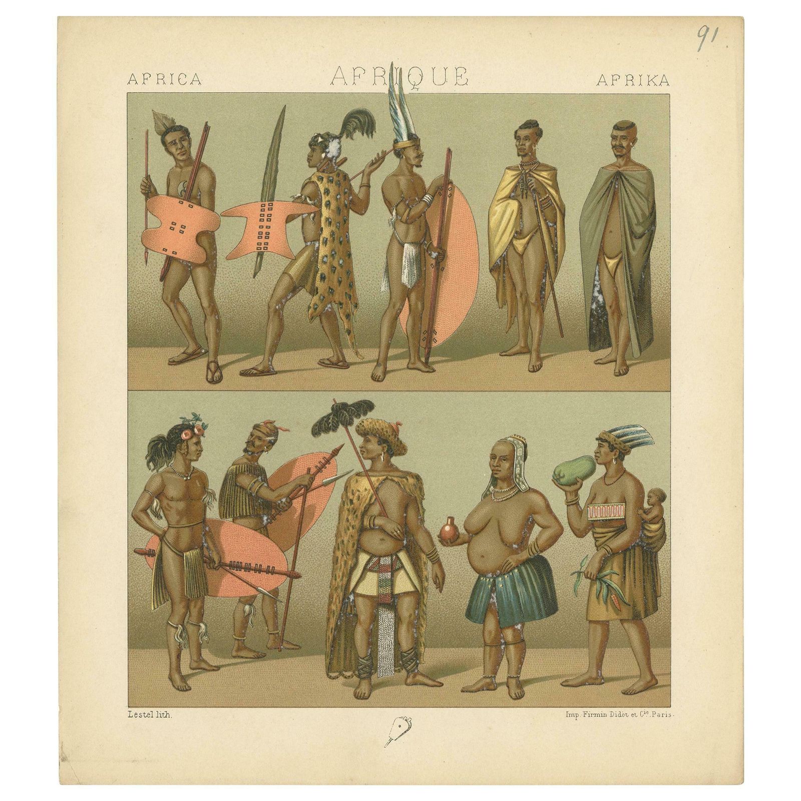 Pl. 91 Antique Print Of African Clothes Racinet, 'Circa 1880'