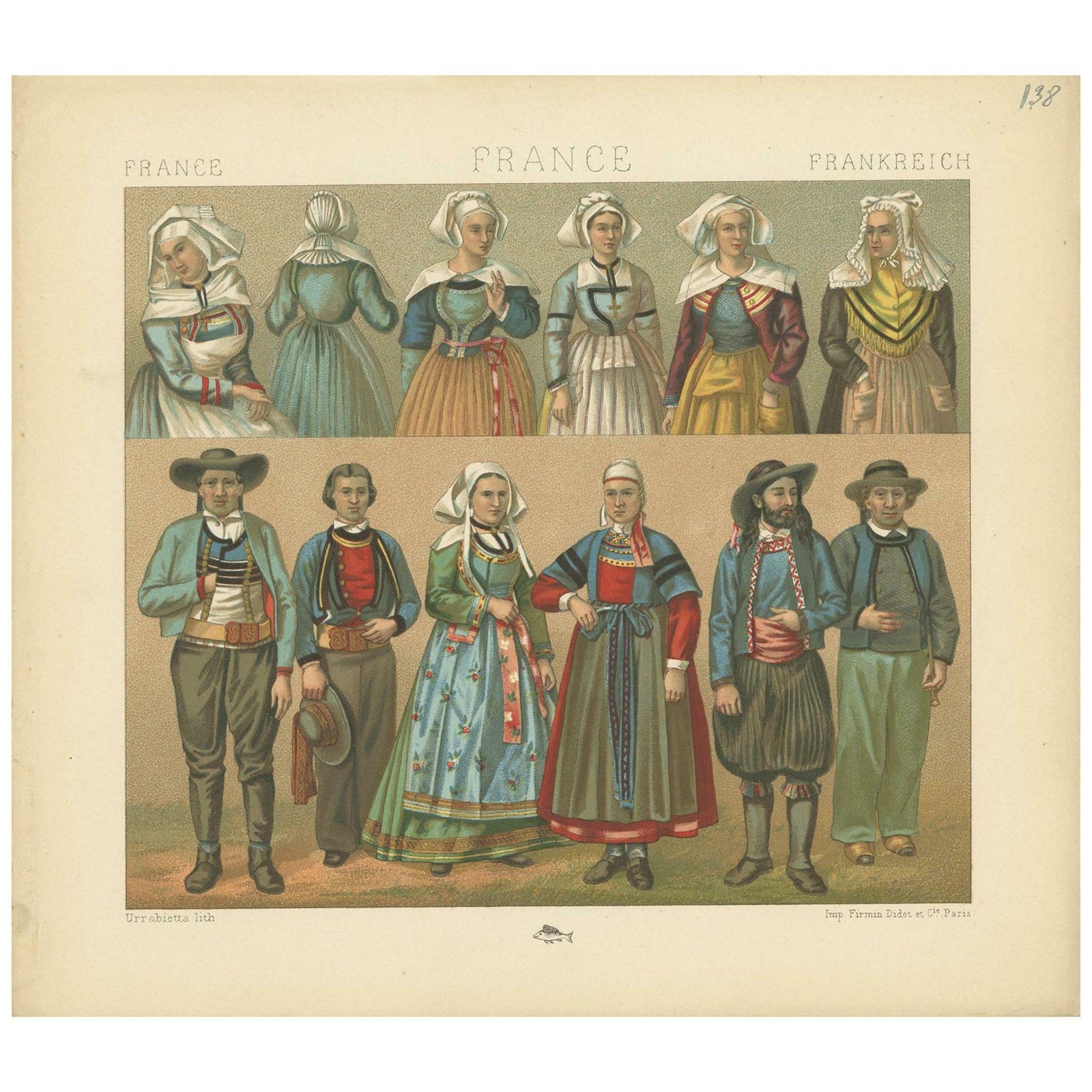 Pl. 138 Antique Print Of French Outfits By Racinet, 'Circa 1880'