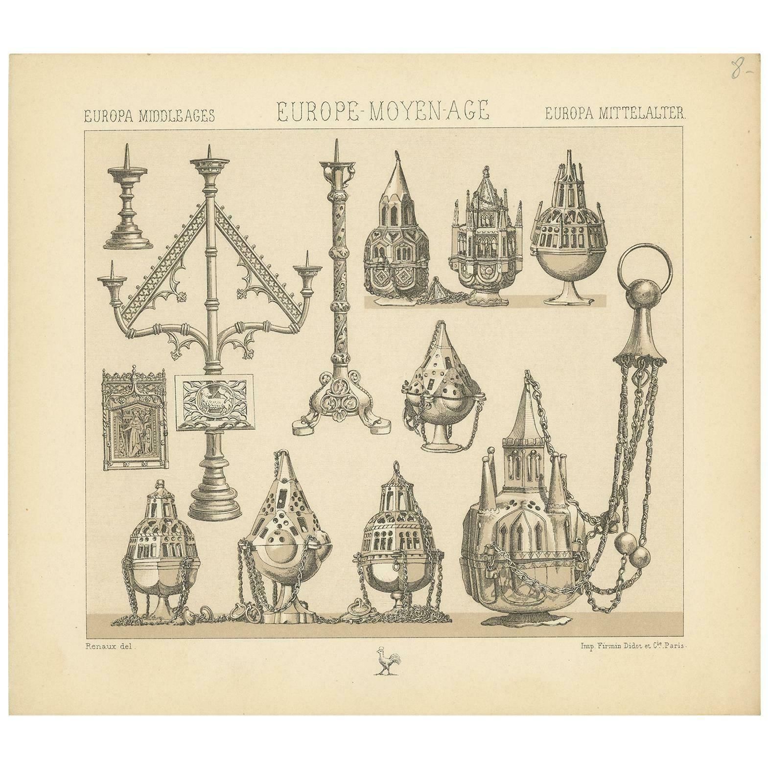Pl. 8 Antique Print Of European Decorative Objects By Racinet, Circa 1880