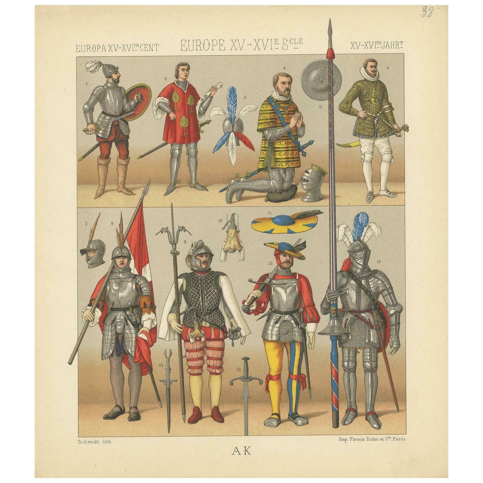 Pl 38 Antique Print Of European 15th 16th Century Armament By Racinet