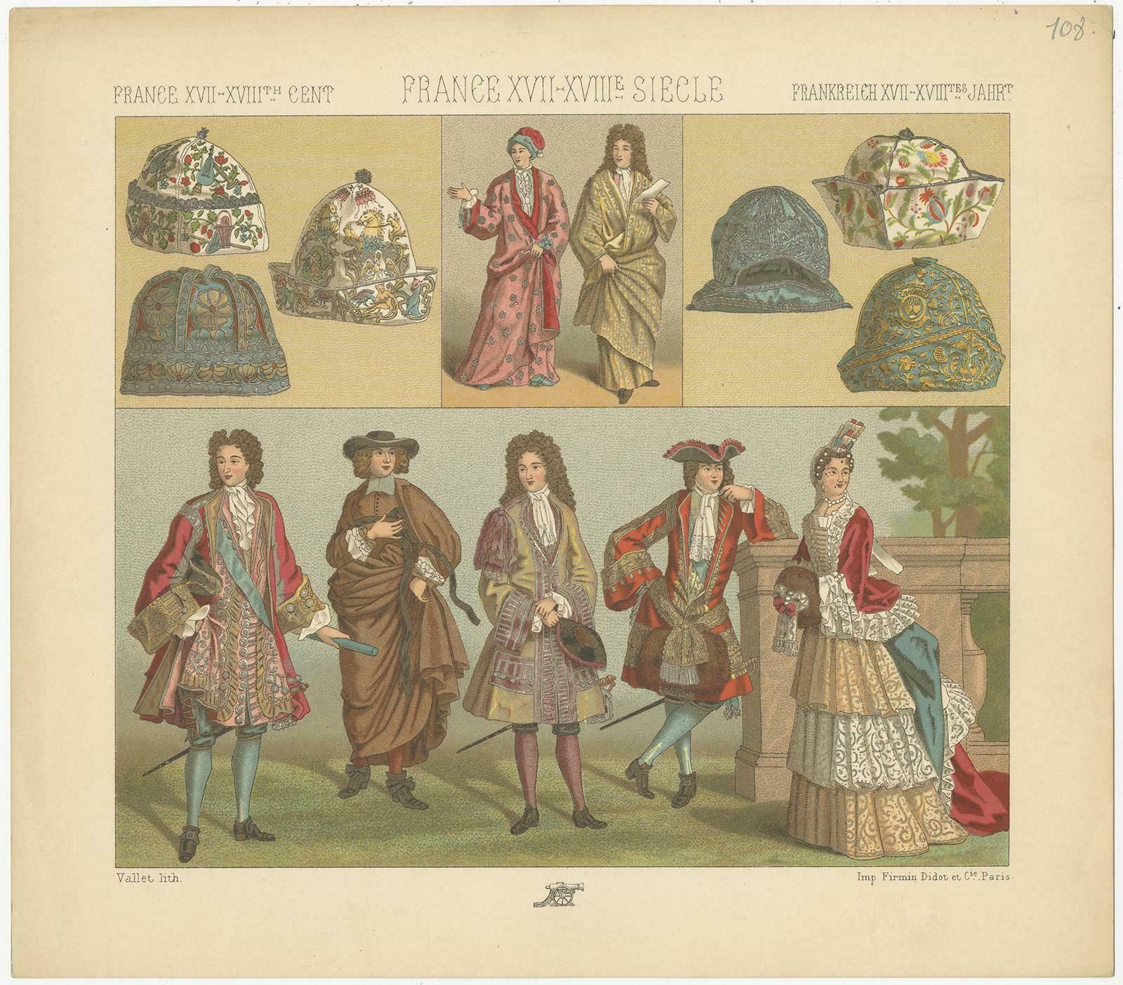 Pl. 108 Antique Print Of French 17th 18th Century Costumes By Racinet photo furniture