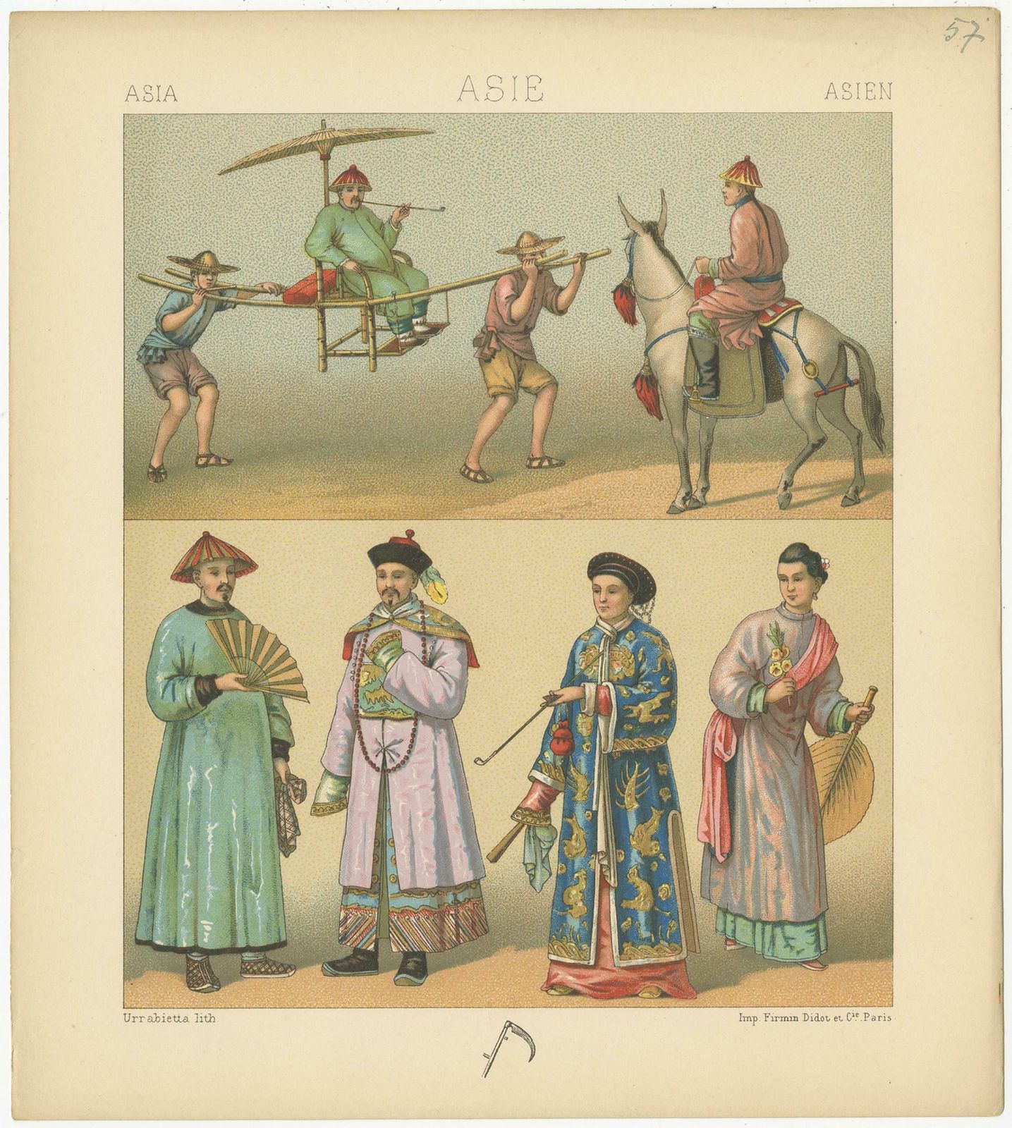 Pl. 57 Antique Print Of Asian Costumes By Racinet, 'Circa 1880' photo for sale