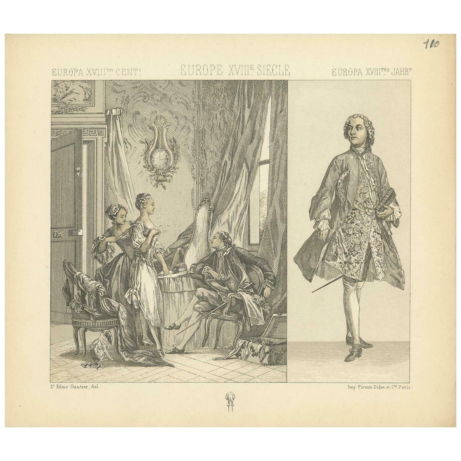 Pl. 110 Antique Print Of European 18th Century Costumes By Racinet, Circa 1880