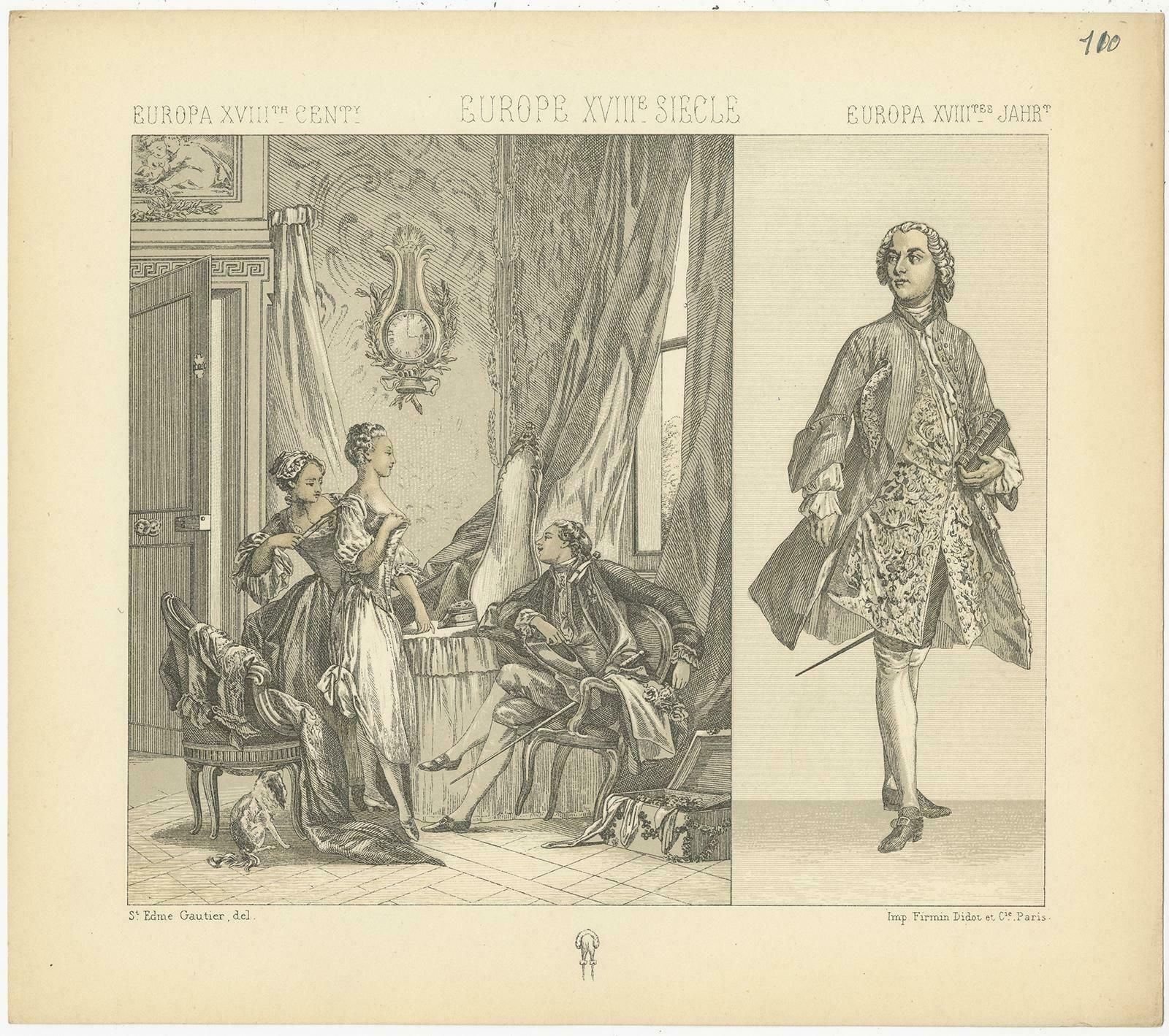 Pl. 110 Antique Print Of European 18th Century Costumes By Racinet, Circa 1880 photo furniture