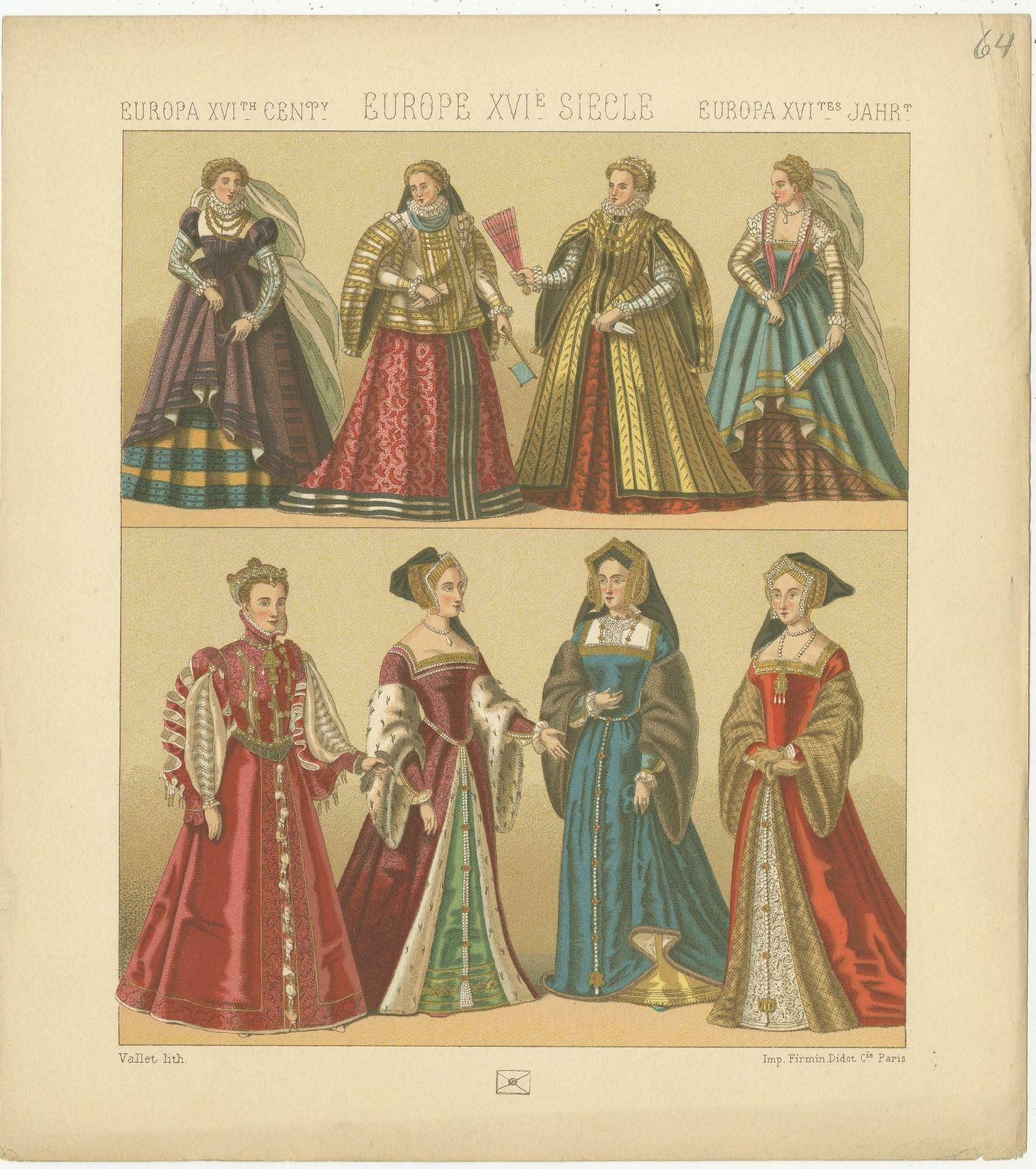 Pl. 64 Antique Print Of European Xvith Century Costumes By Racinet, Circa 1880 photo Art