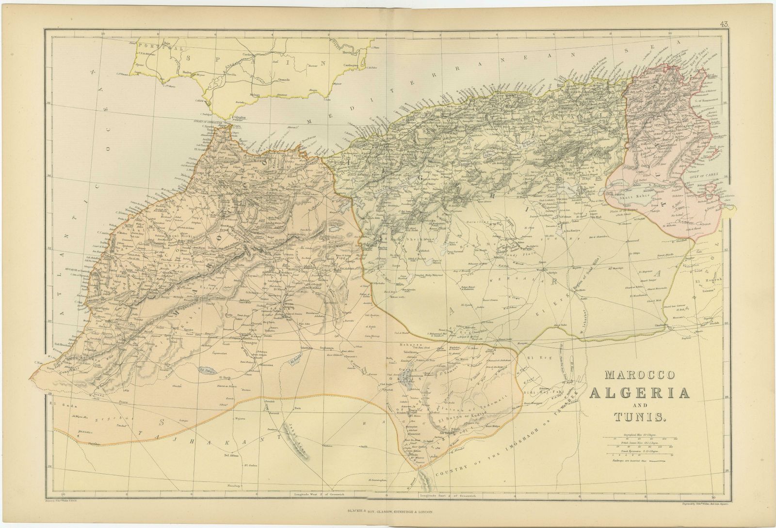 Antique Decorative Coloured Map Marocco, Algeria And Tunis, 1882 photo 273.0