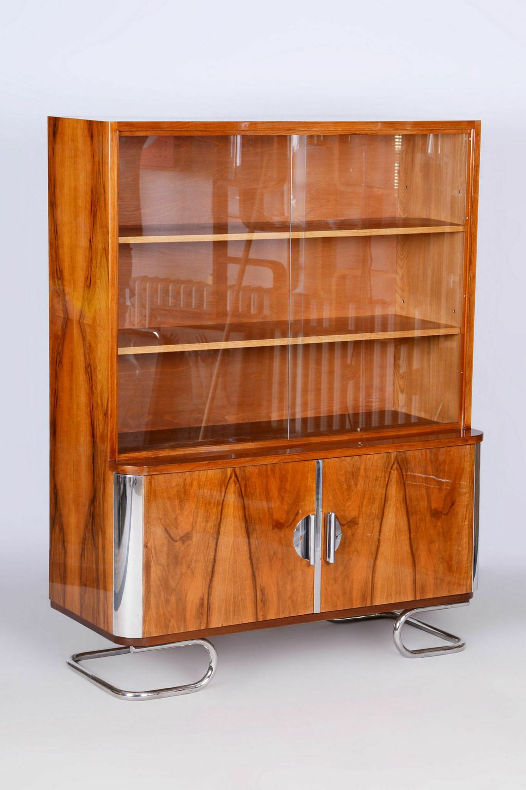 Restored Art Deco Bookcase, By Vichr A Spol., Walnut, Glass, Czech, 1930s
