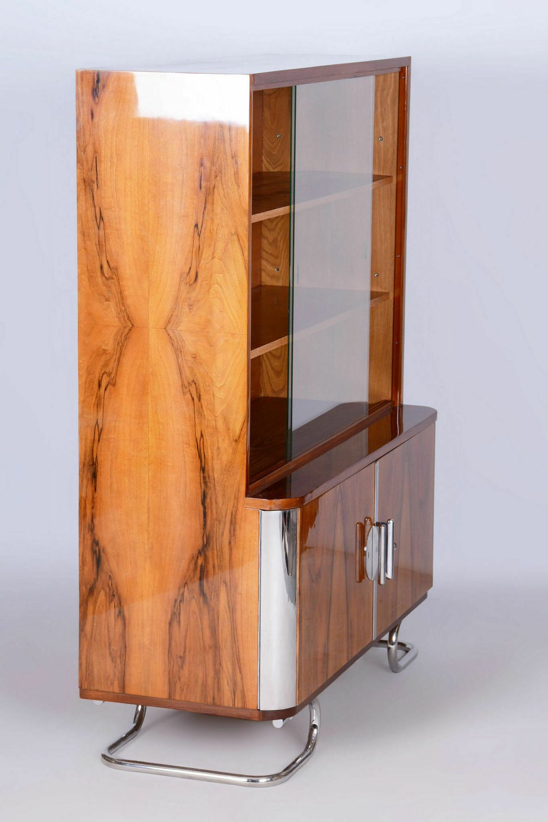 photo vinterior Restored Art Deco Bookcase, By Vichr A Spol., Walnut, Glass, Czech, 1930s