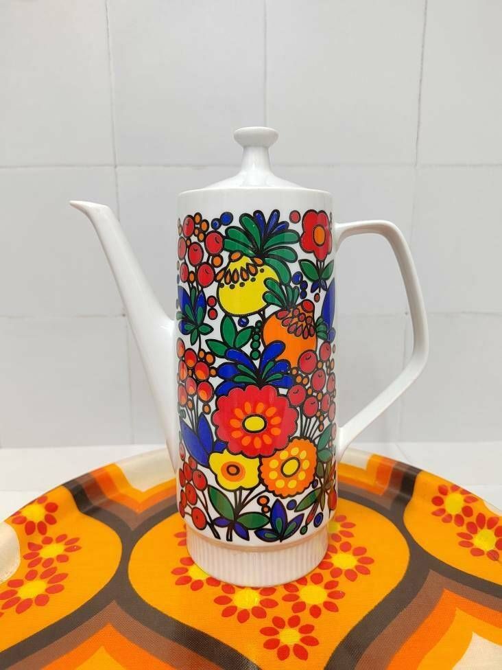 Vintage Flower Power Coffee Pot By Colditz Porcelain Of East Germany photo for sale