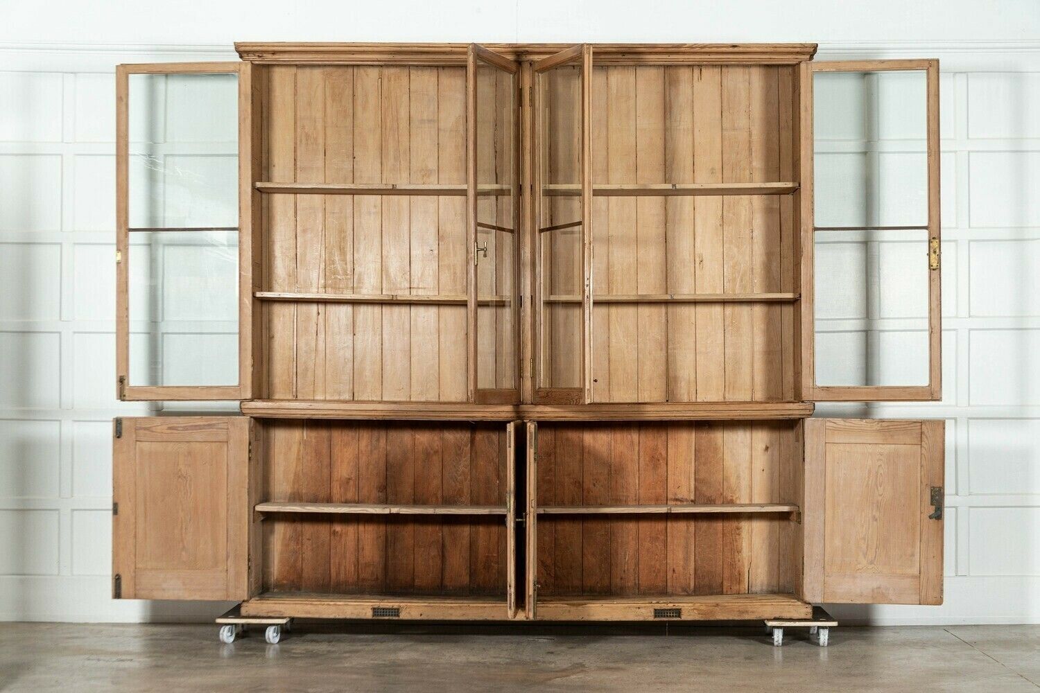 Monumental English Pine Glazed Bookcase Cabinet photo for sale