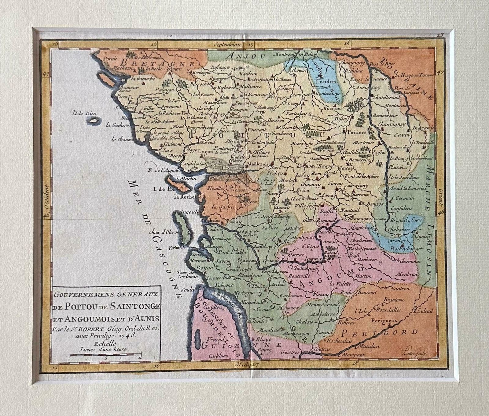 Original Antique Map Of West Central France In Frame, 1748 photo for sale