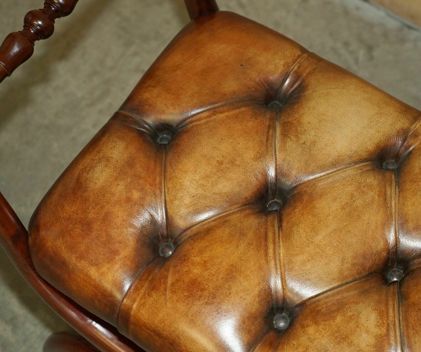 photo furniture Pair Of Antique Brown Leather Chesterfield Tufted Regency Framed Footstools