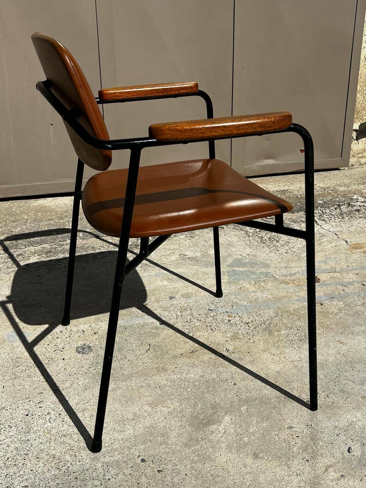 Armchair In Metal, Oak And Imitation Leather Vintage 1950 photo for sale