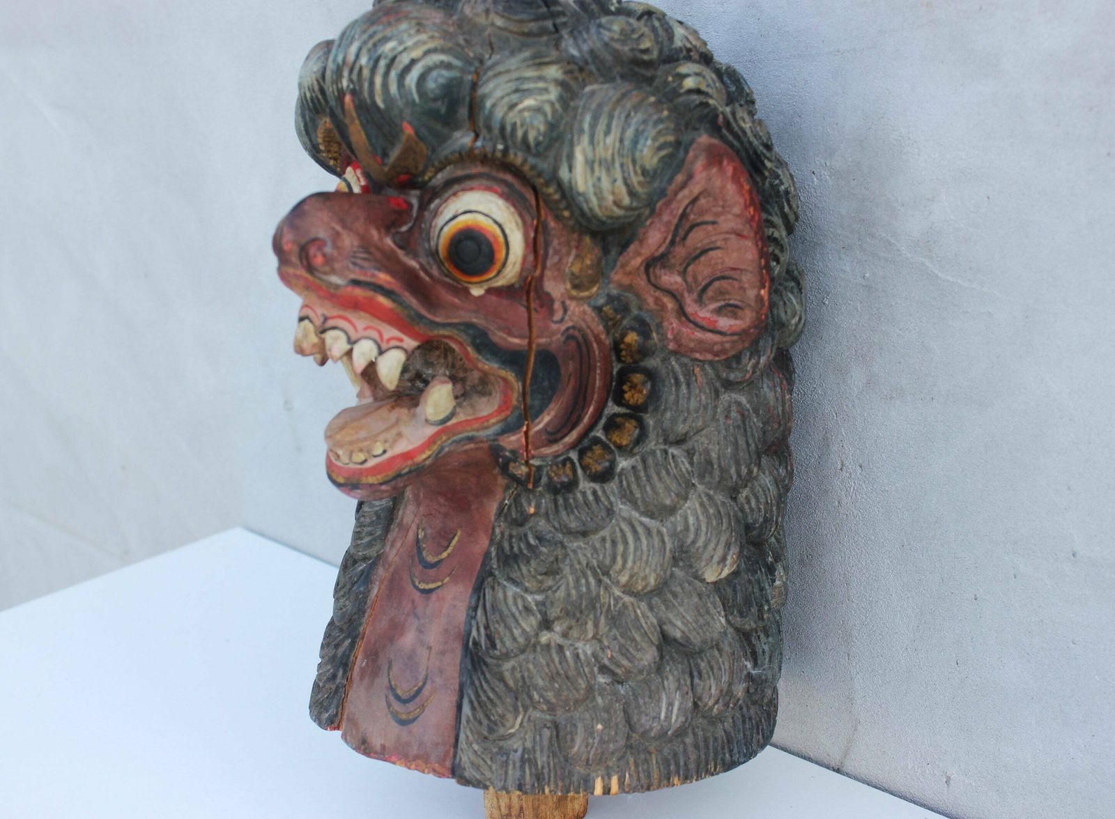 Tribal Hand Carved Barong Head, Wooden Balinese Singha , A Winged Lion, Figurine, Collectible Indonesian Art Decor photo for sale