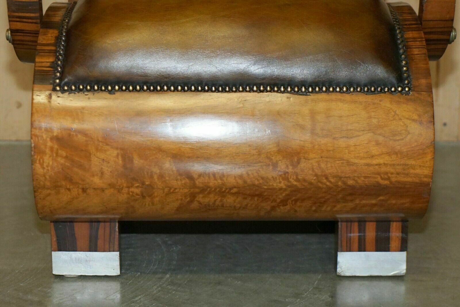 photo furniture Fully Restored Art Deco Circa 1920's Zebrano Brown Leather Sofa Armchair Suite