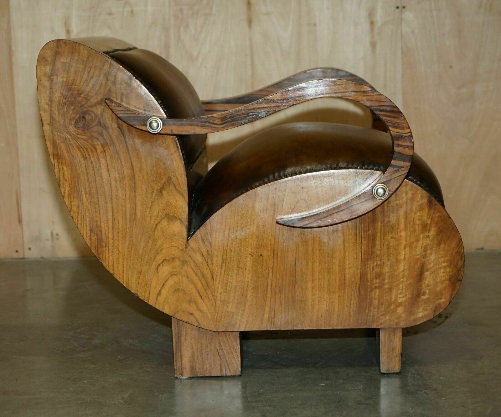 Furniture Fully Restored Art Deco Circa 1920's Zebrano Brown Leather Sofa Armchair Suite photo