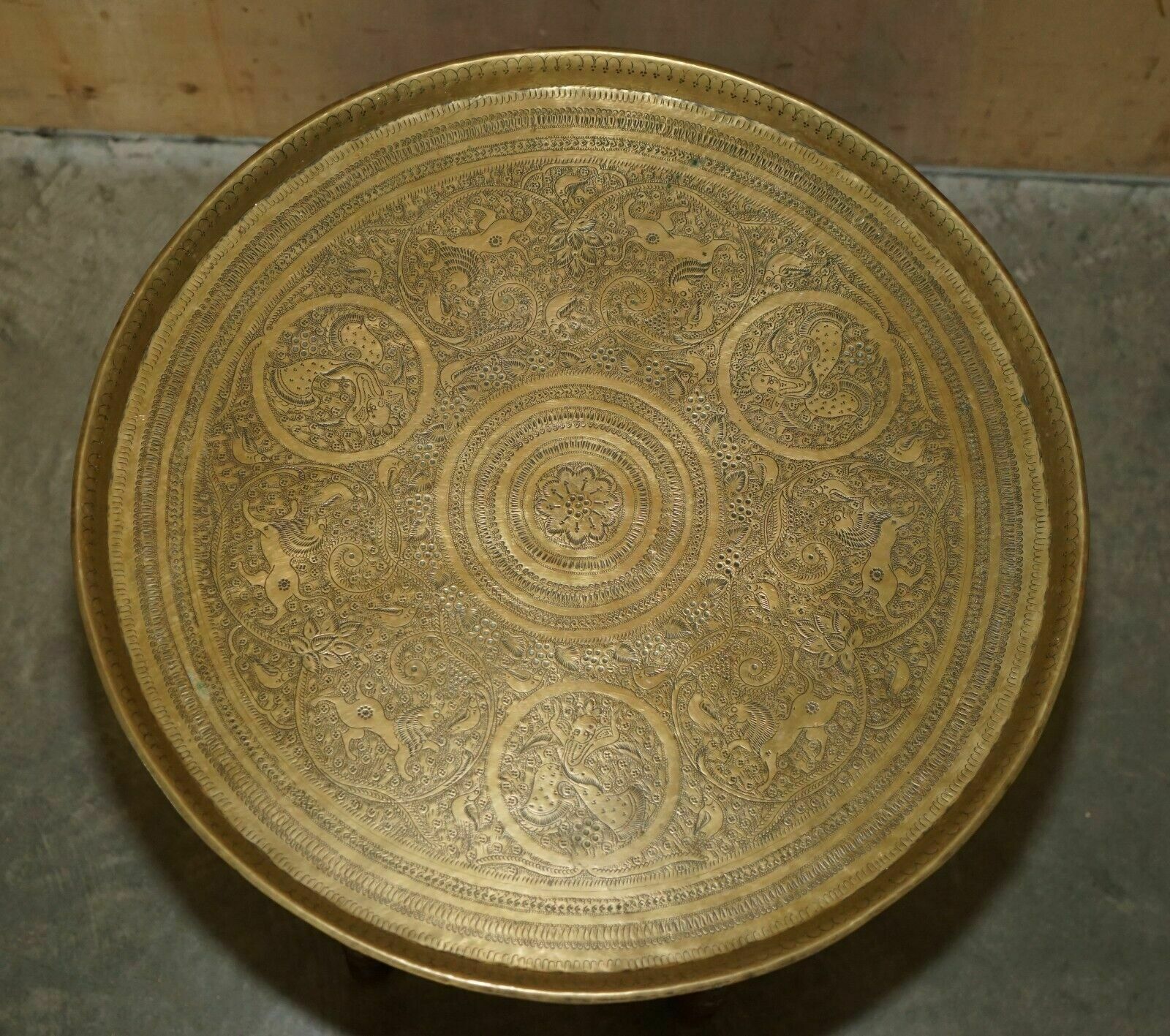 Antique Hand Carved Liberty's London Moroccan Folding Tray Table Zodiac Etchings photo vintage