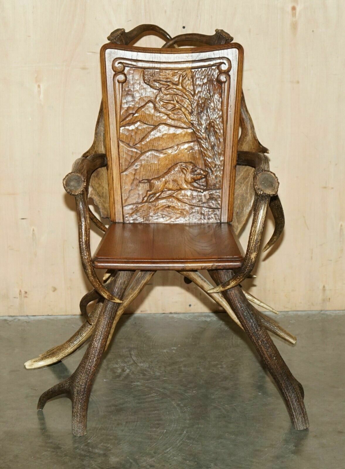 Pair Of Antique German Black Forest Carved Antler Armchairs Part Of A Suite photo Furniture