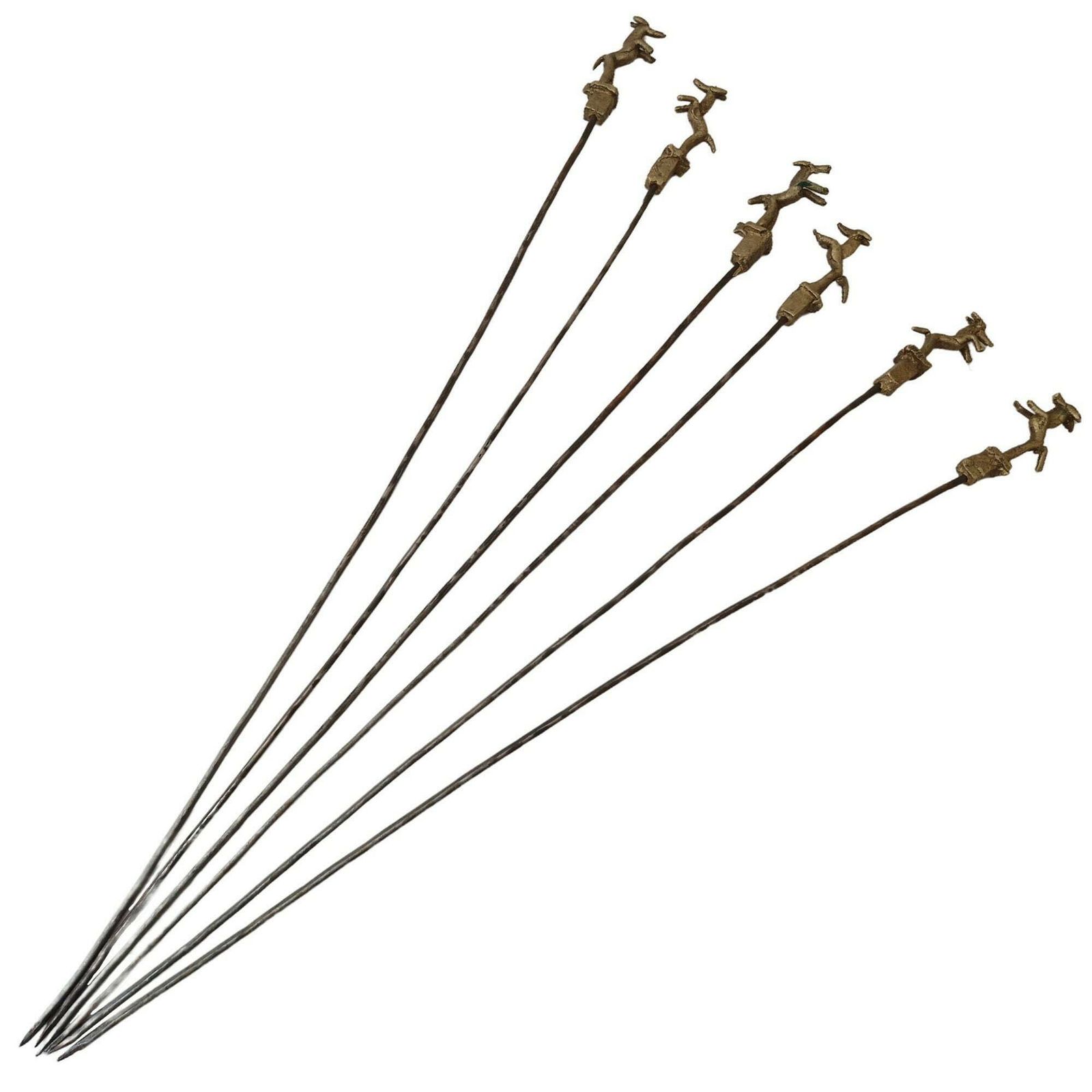 Akan Ashanti Bronze Meat Skewer Bbq Sticks With Antelope Figurine, Set Of 6, Collectible African Tribal & Folk Decor