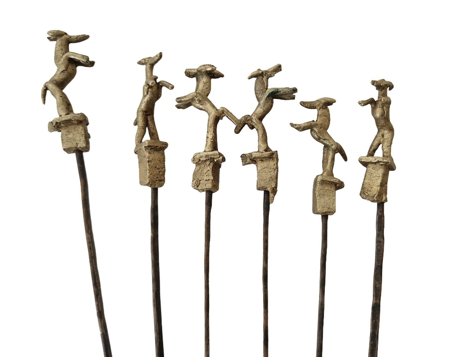 Akan Ashanti Bronze Meat Skewer Bbq Sticks With Antelope Figurine, Set Of 6, Collectible African Tribal & Folk Decor photo 86.0