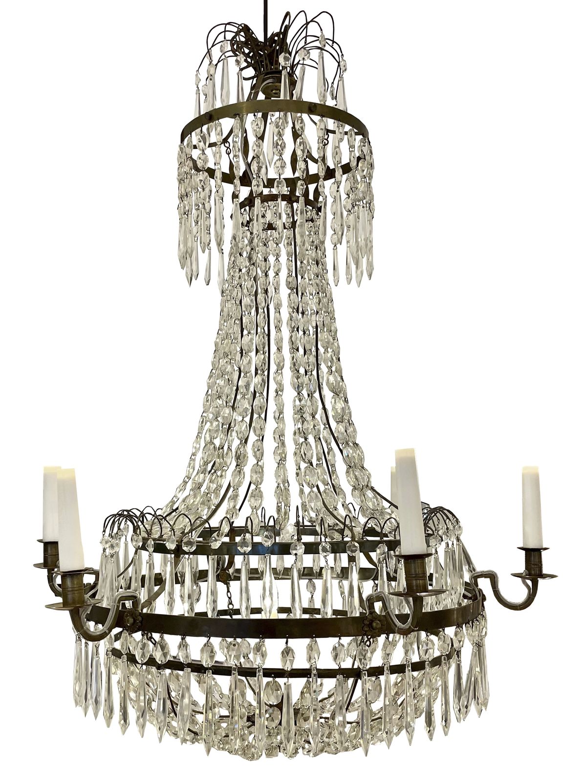 1920's Antique Chandelier, Crystal Antiqued Finish, 6 Arm