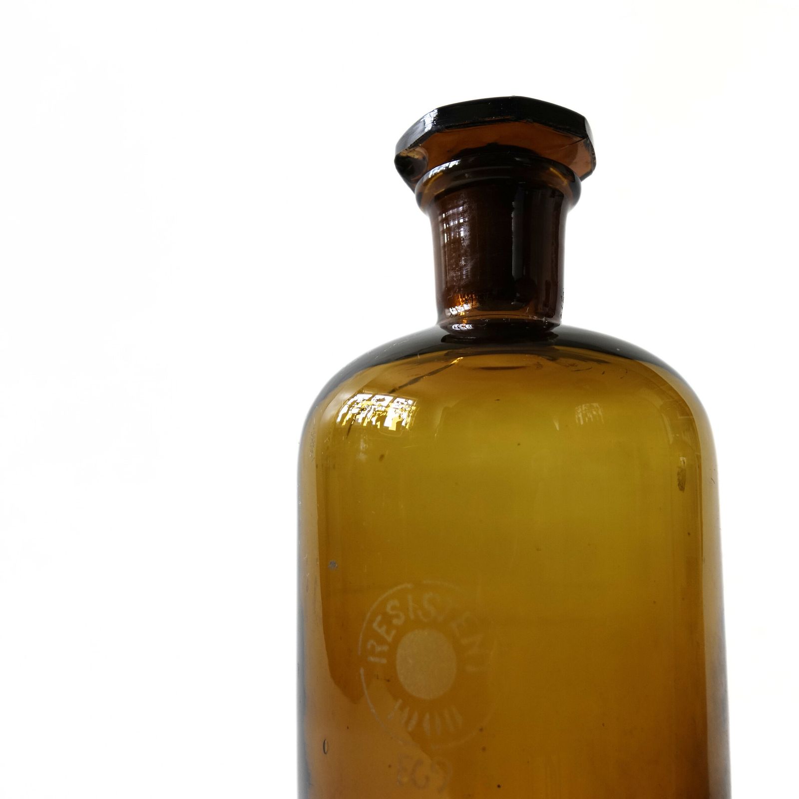 Vintage Brown/Yellow Glass Medicine Bottle With Lid, "Resitent 2000 Ml F69" photo furniture