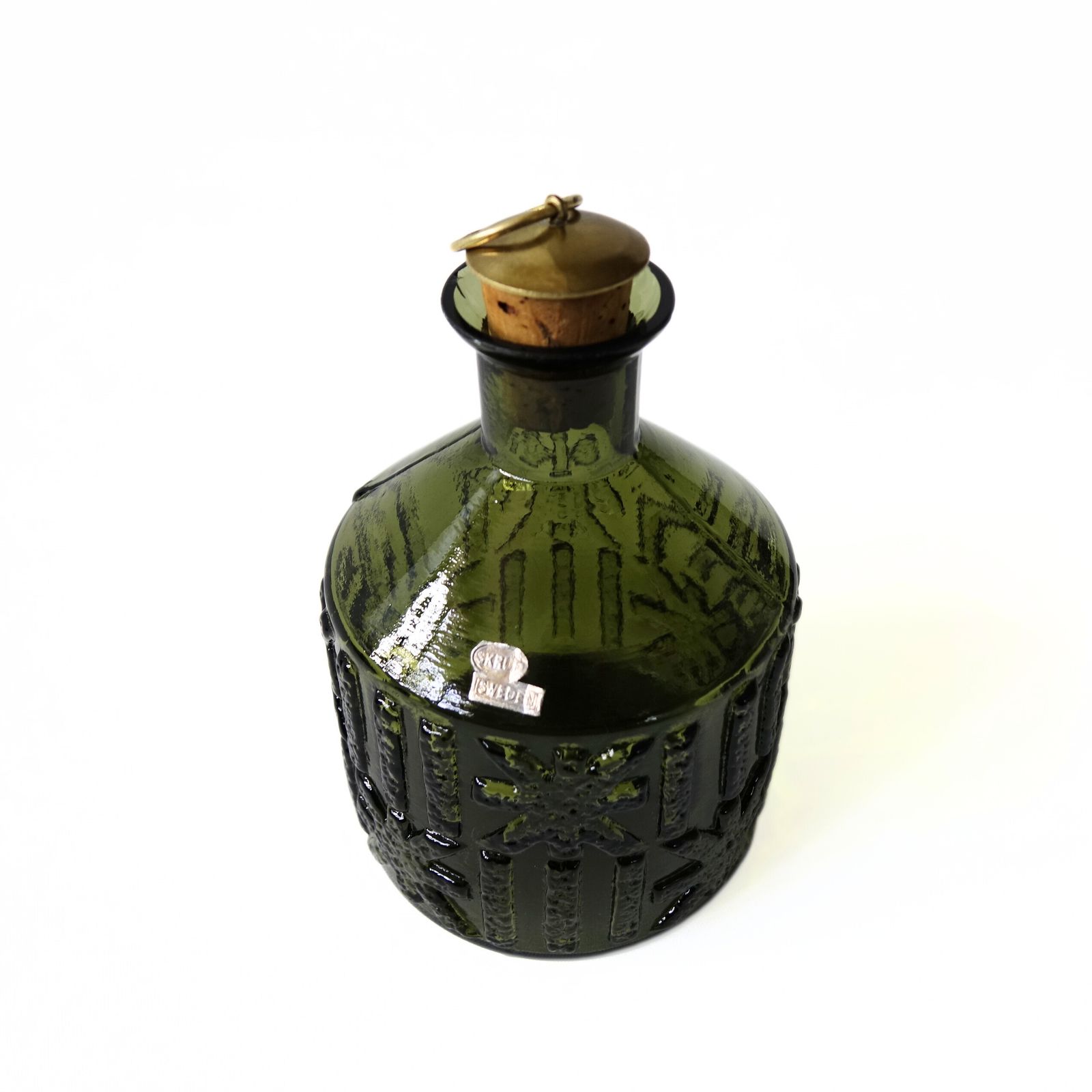 Vintage Green Glass Decanter With Cork And Brass Lid From Skruf Sweden photo 156.0