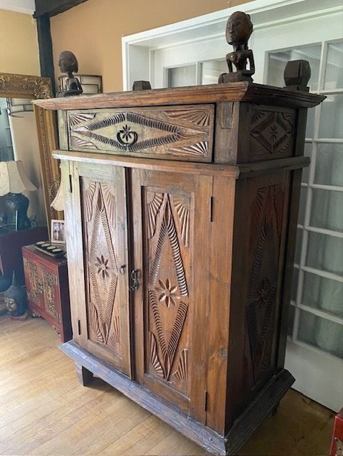 Indonesian Teak Wedding Cabinet With Carved Loro Blonyo Couple photo for sale