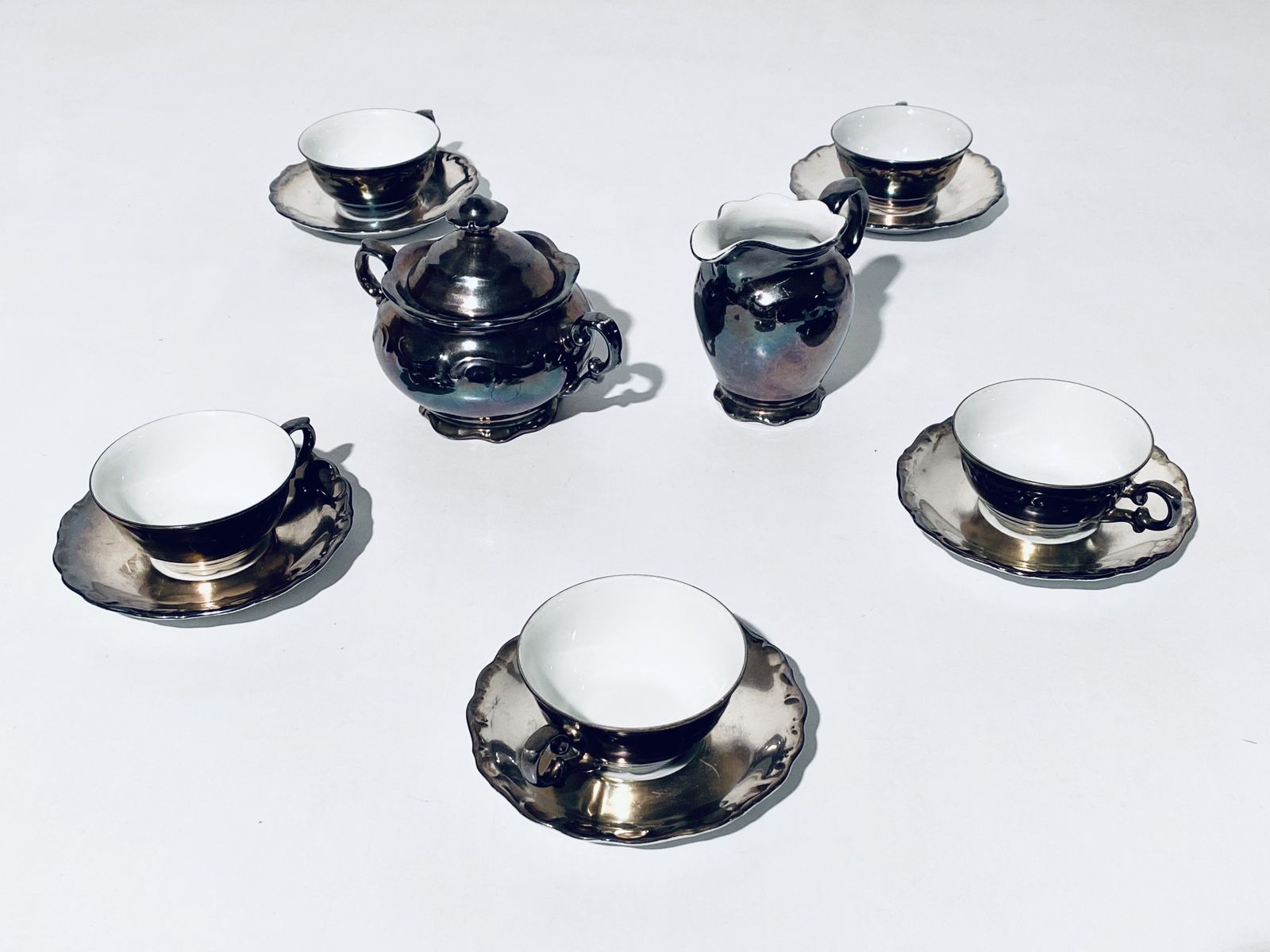 Silver Plated Rudolf Wachter Bavaria Porcelain Tea Cup Set With Milk & Sugar Holders / 1920s   1940s