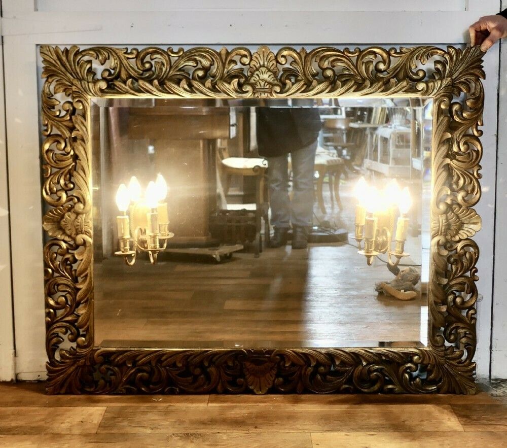 Large French Gothic Gilt Overmantel Mirror With Twin Sconces